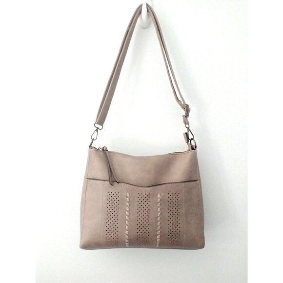 Sam & Hadley Adjustable Crossbody Shoulder Bag Vegan Perforated Light Gray - Picture 3 of 12